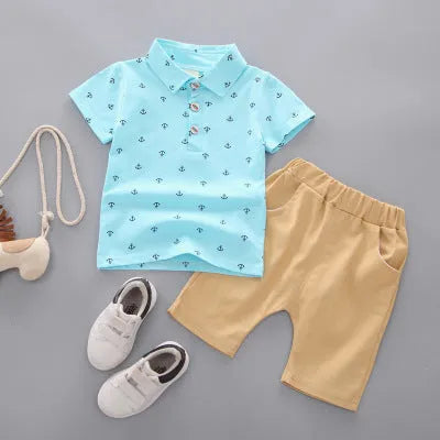Anchor printed toddler pants suit in cotton, includes short sleeve top and trousers.