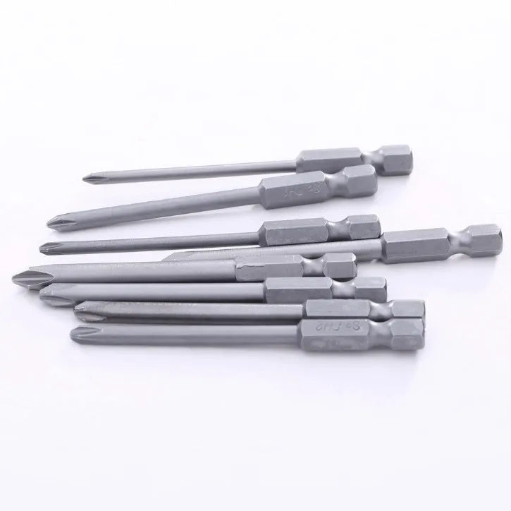 JAPAN SEALS set of eight long 75mm magnetic Phillips screwdriver bits on a white background