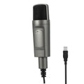Black USB condenser microphone on desktop with omnidirectional pickup and noise reduction for live recording