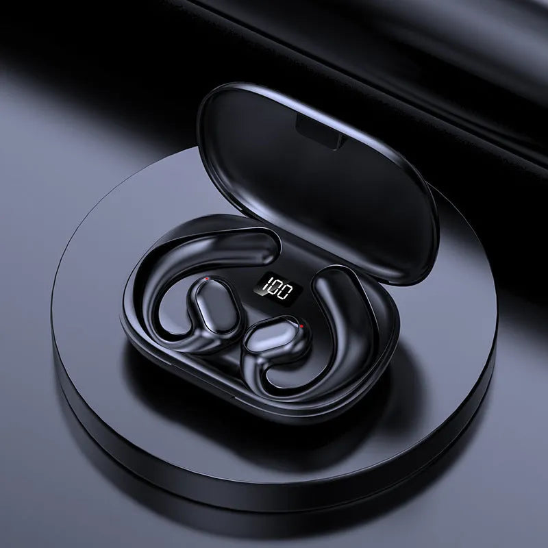 Non in-ear ear-mounted Bluetooth headset with cable, black, plastic build, digital display on side