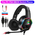 Black wired gaming headset with RGB lighting and built-in microphone showing 3.5mm plug connection