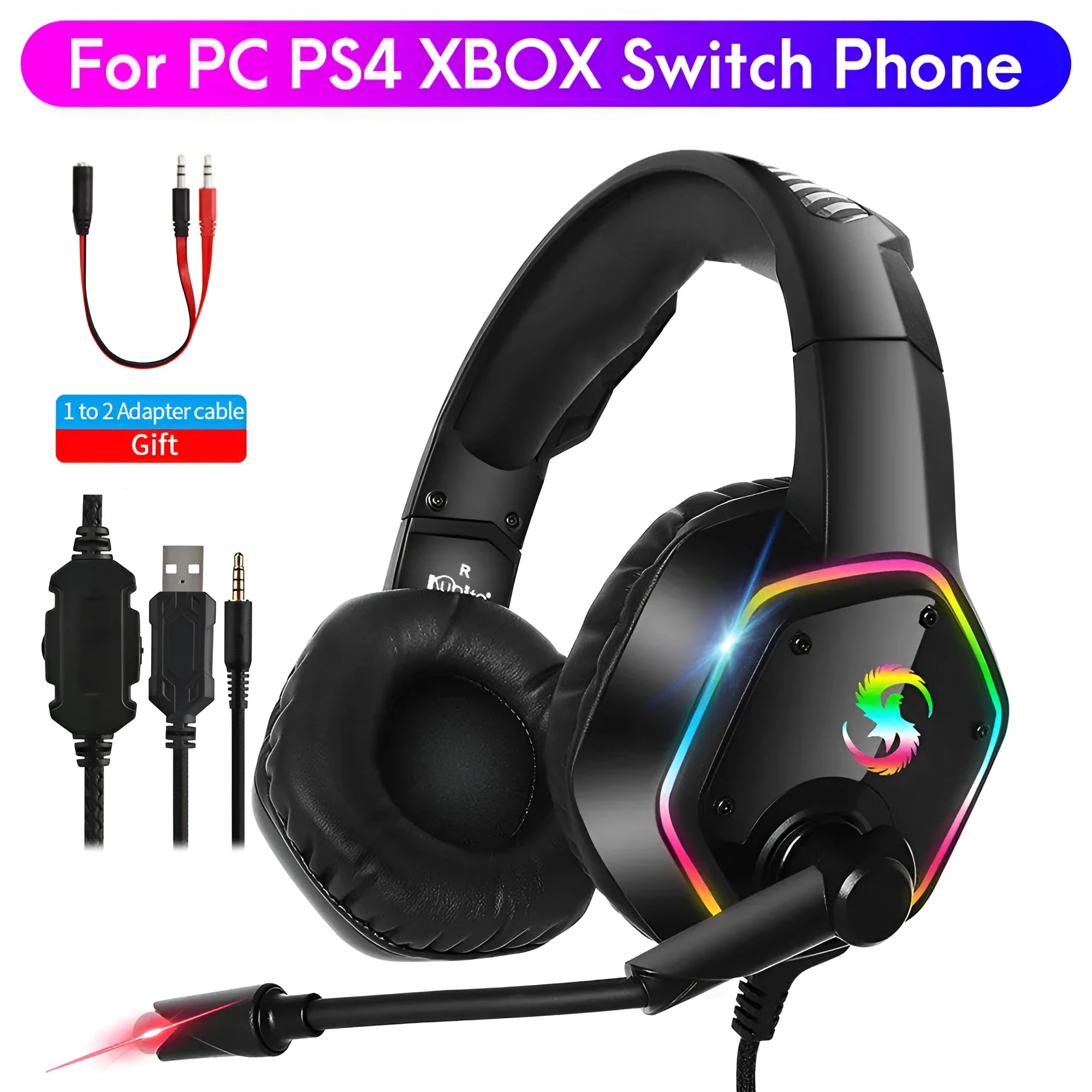 Black wired gaming headset with RGB lighting and built-in microphone showing 3.5mm plug connection