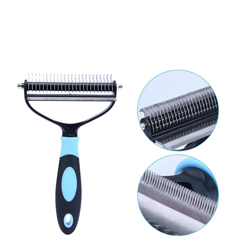 Dual purpose pet comb for dogs and cats, plastic construction, blue colour, large size, with comb teeth visible