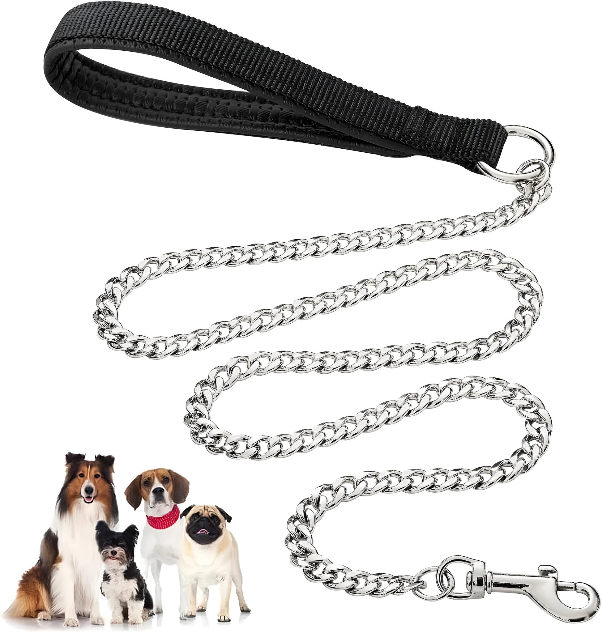 Heavy duty black metal dog chain leash with a soft blue padded handle.