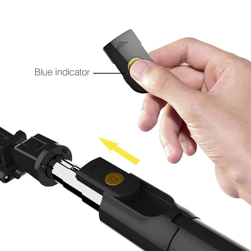 Bluetooth selfie stick tripod folded and extended on white background, black colour, plastic construction