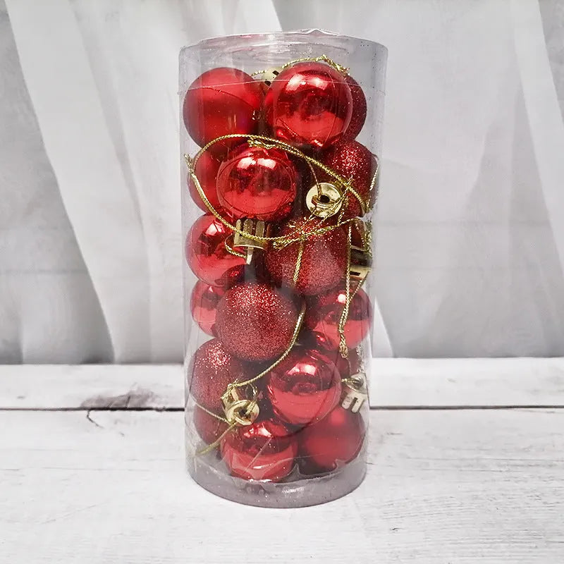 24 gold, red, and silver 3cm plastic Christmas balls with a shiny electroplated finish in a gift box.