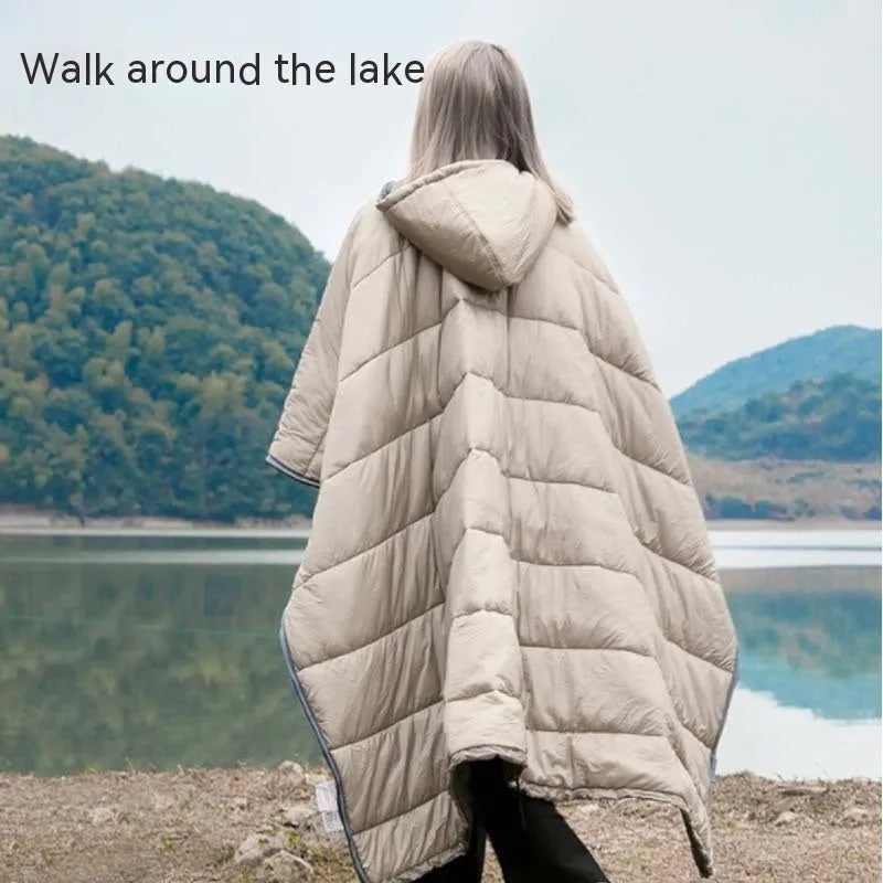 Army Green wearable sleeping bag cloak laid flat showing 200x140cm dimensions and convertible design