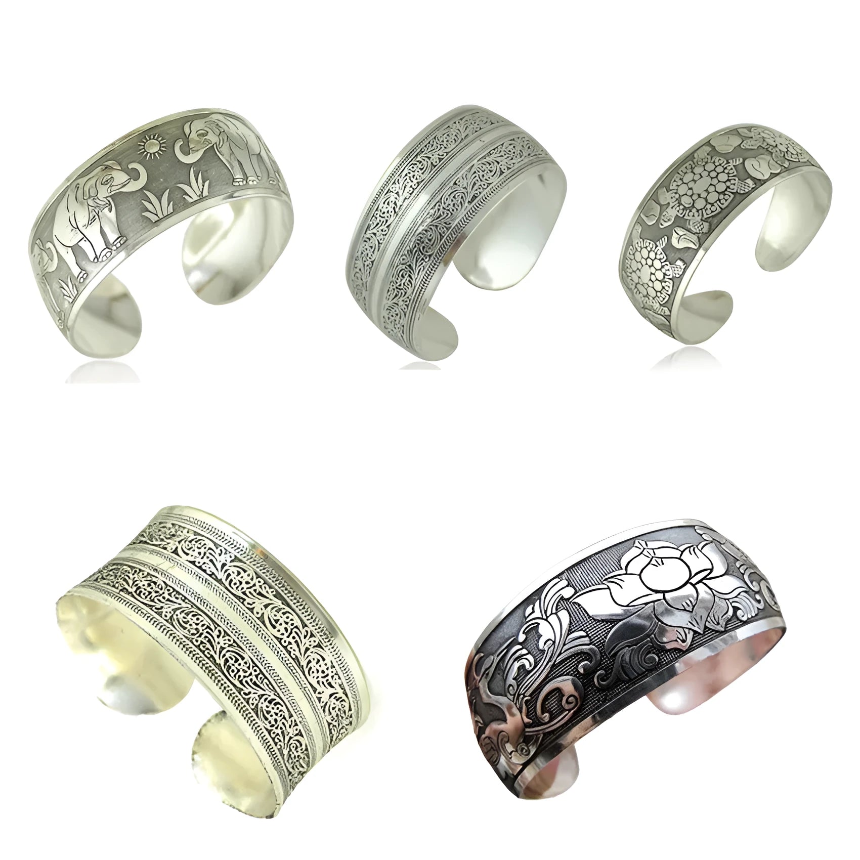 Openwork ethnic bracelet with carved Miao silver finish showing elephant design detail on wrist.