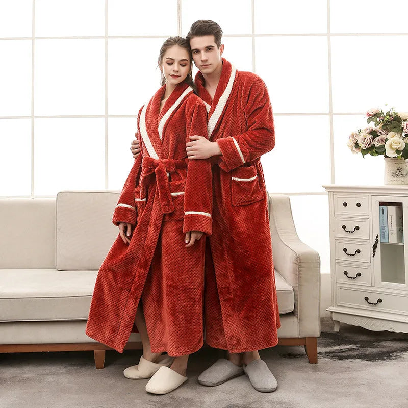 Thick winter couple bathrobe solid colour long sleeve unisex home comfort robe in black