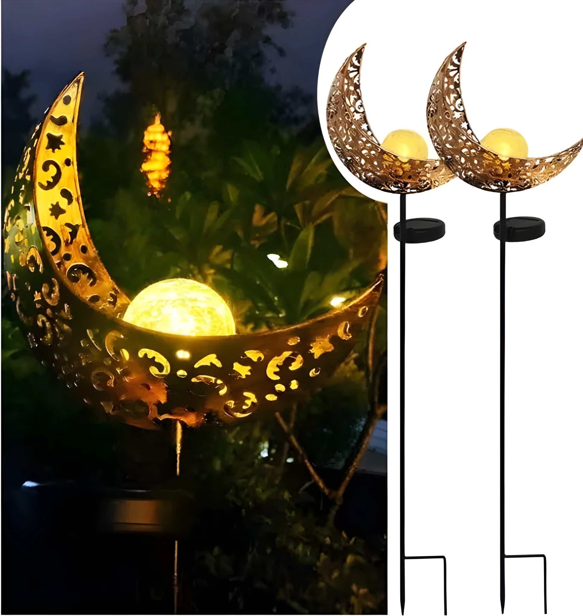 LED solar flame light with warm white glow, iron construction, and glass globe in an outdoor garden setting