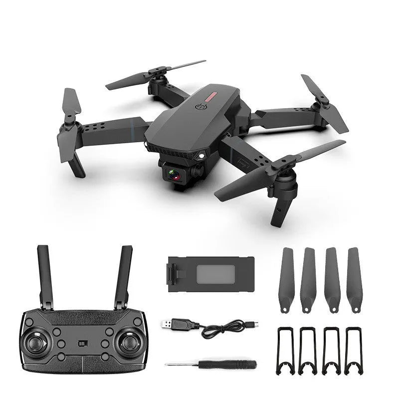 Grey foldable 4K dual camera aerial drone with remote control and carrying case