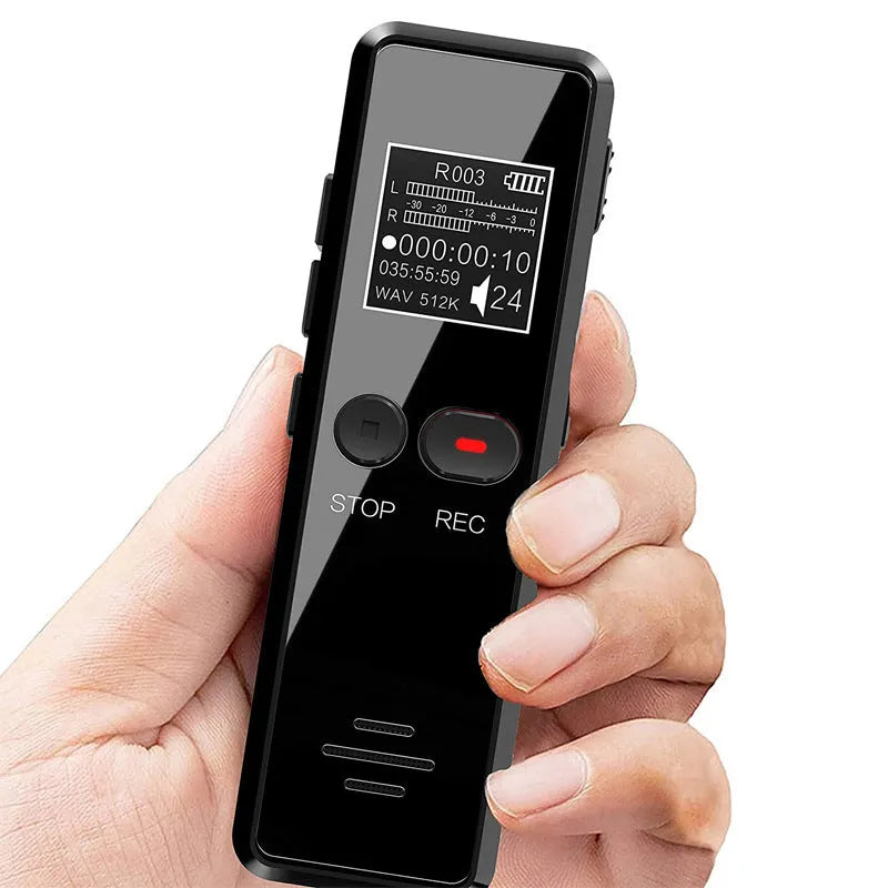 Black zinc alloy USB voice recorder and MP3 player showing LCD screen and compact size.