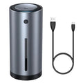 Black aluminium alloy car diffuser humidifier with USB cable, emitting a cool mist for air purification.
