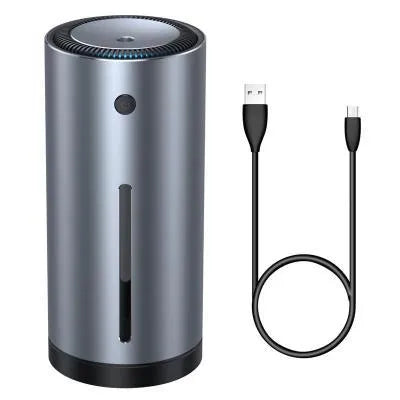 Black aluminium alloy car diffuser humidifier with USB cable, emitting a cool mist for air purification.