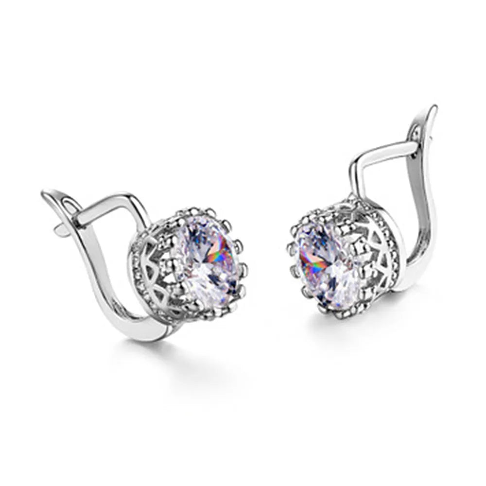 Korean retro style crown-shaped ear clips with rhinestones in rose gold and white gold colour options.