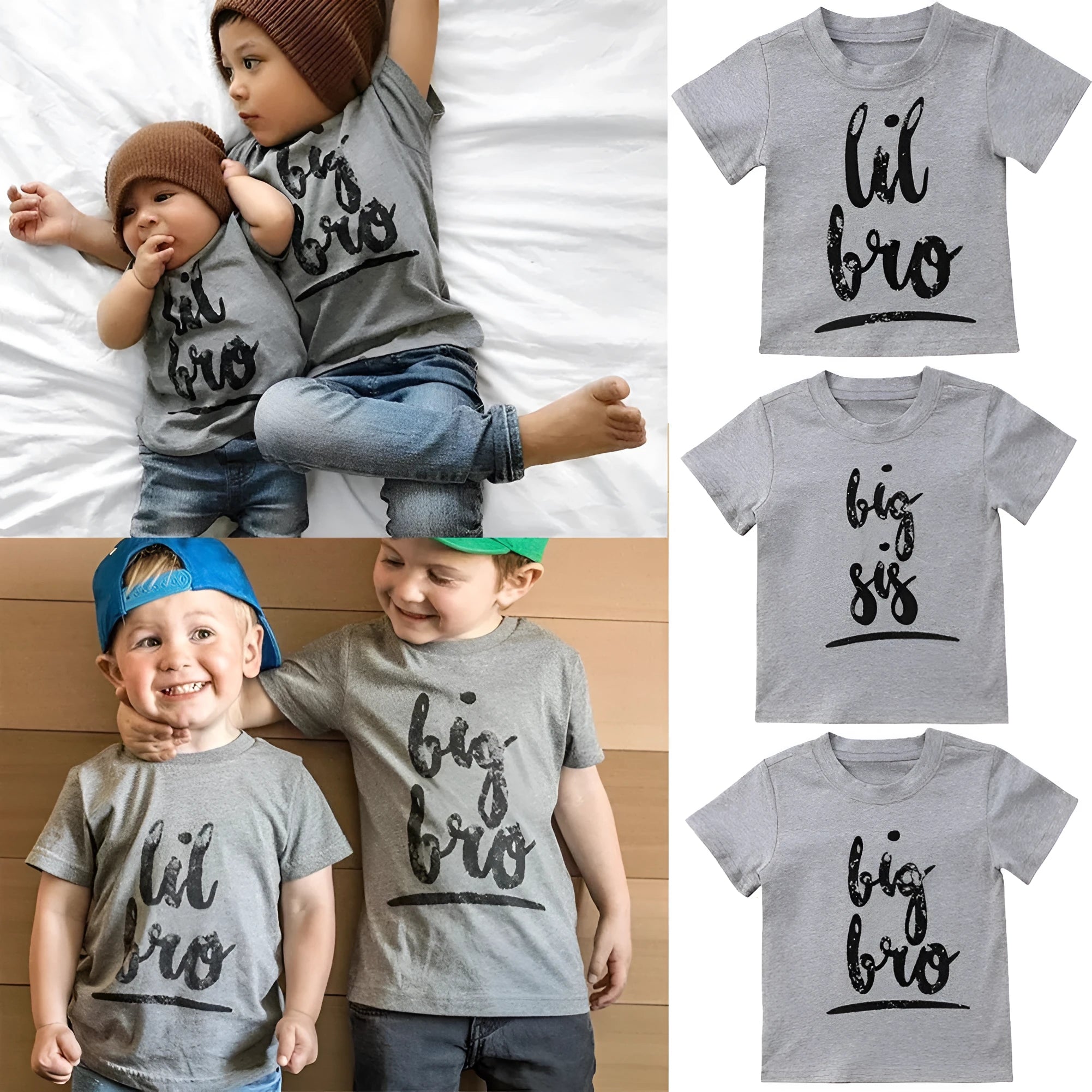 Grey printed cotton t-shirt shown in sizes for children and adults.