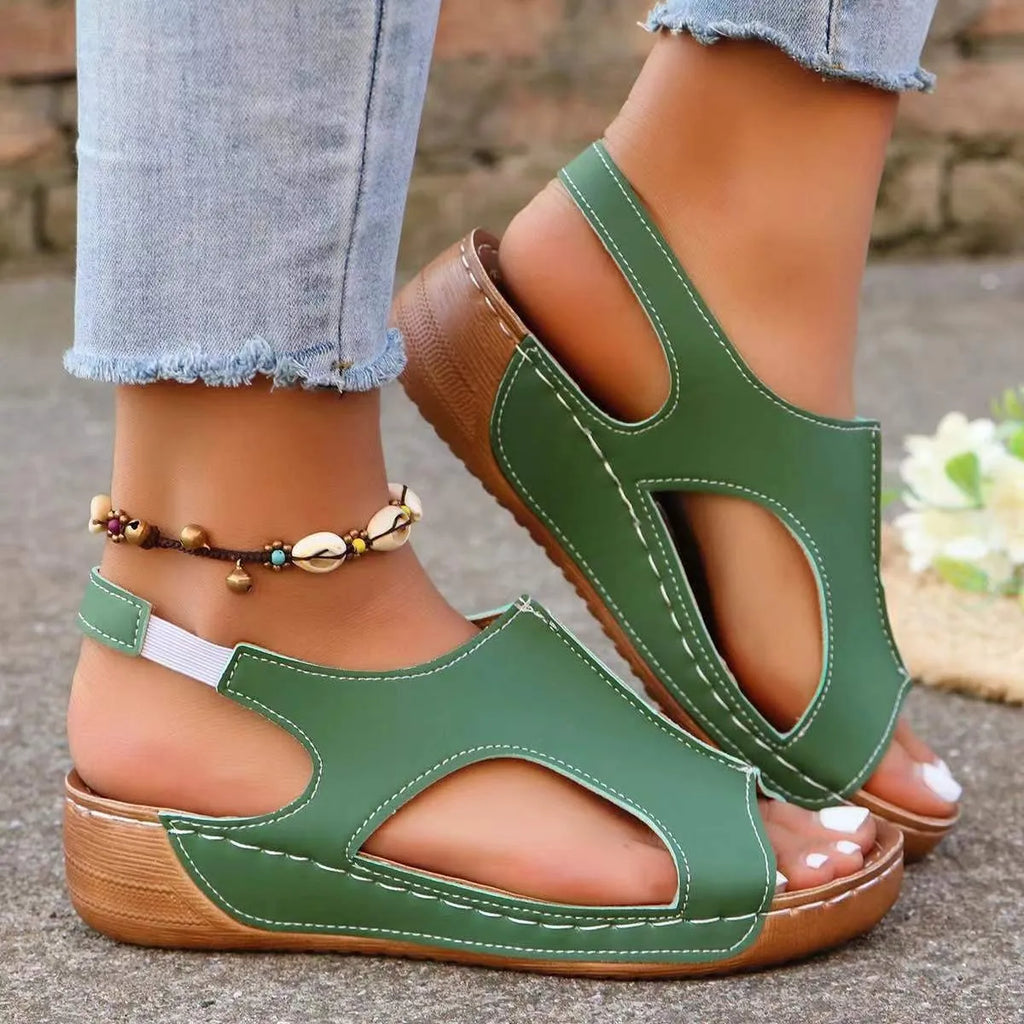 New summer wedges sandals with elastic band and fish mouth toe for women, recycled leather upper, black colour option