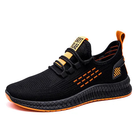Men's black casual sports shoes with cross strap and flying weave upper on a white background