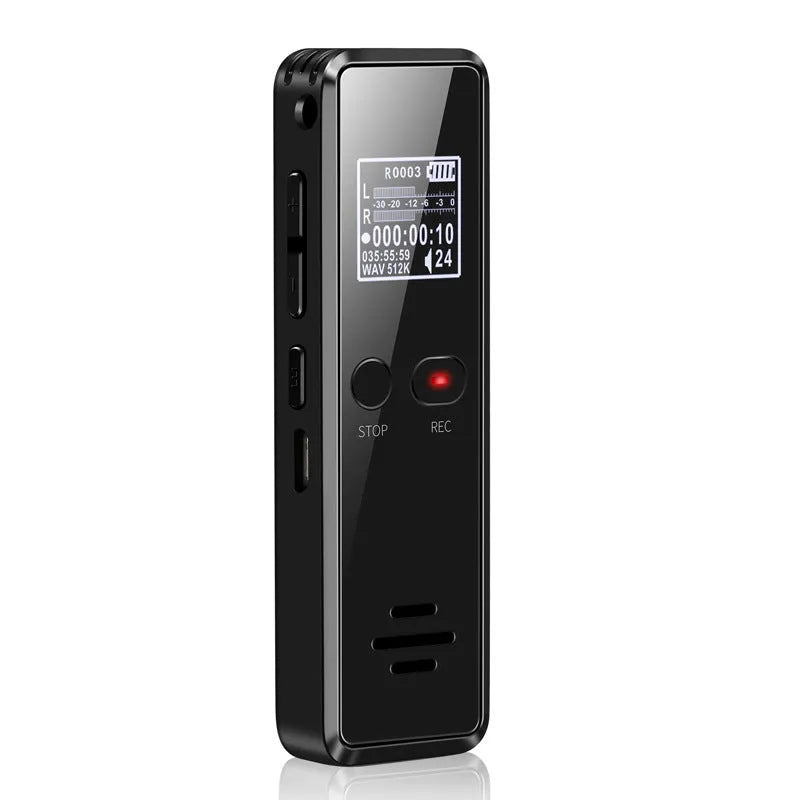 Black zinc alloy USB voice recorder and MP3 player showing LCD screen and compact size.