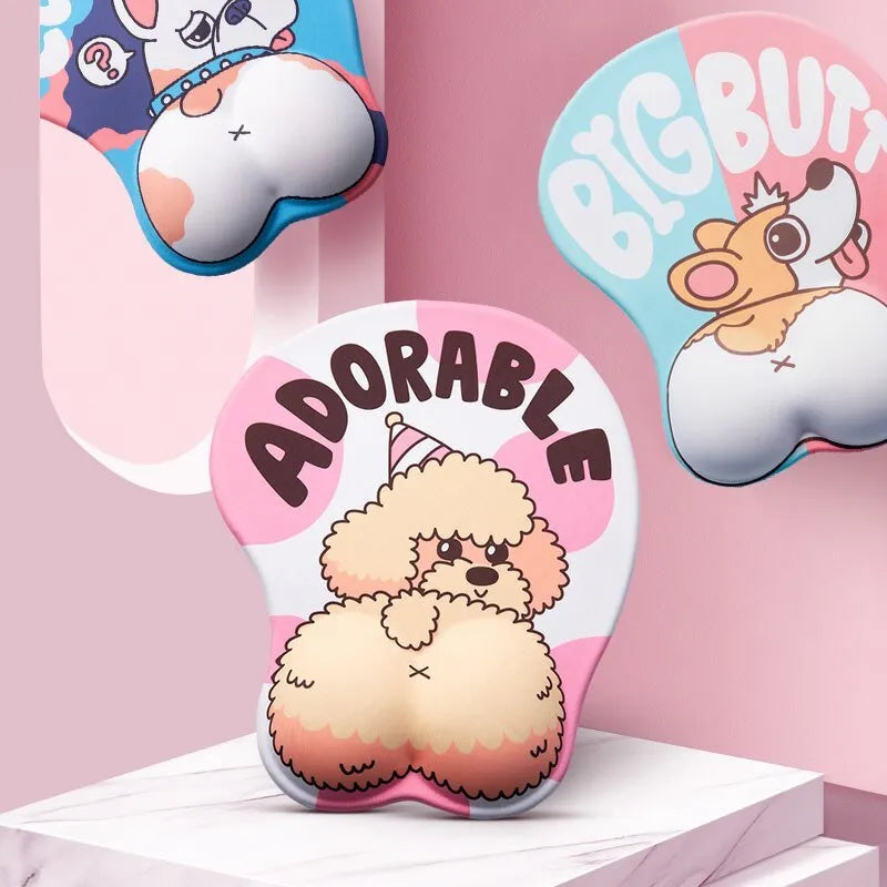 Cute 3D corgi butt mouse pad with raised wrist cushion on a desk
