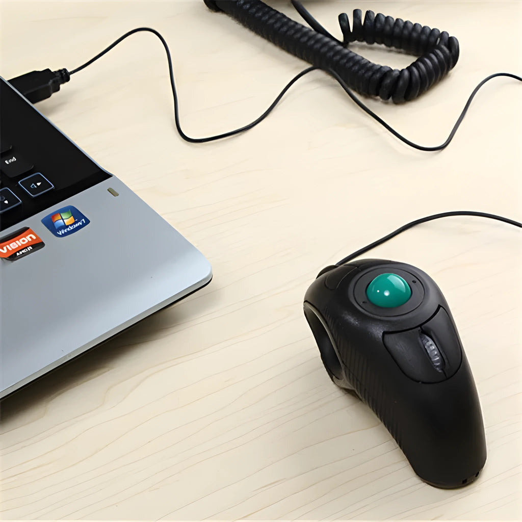 Black wireless trackball mouse with six buttons and ergonomic design