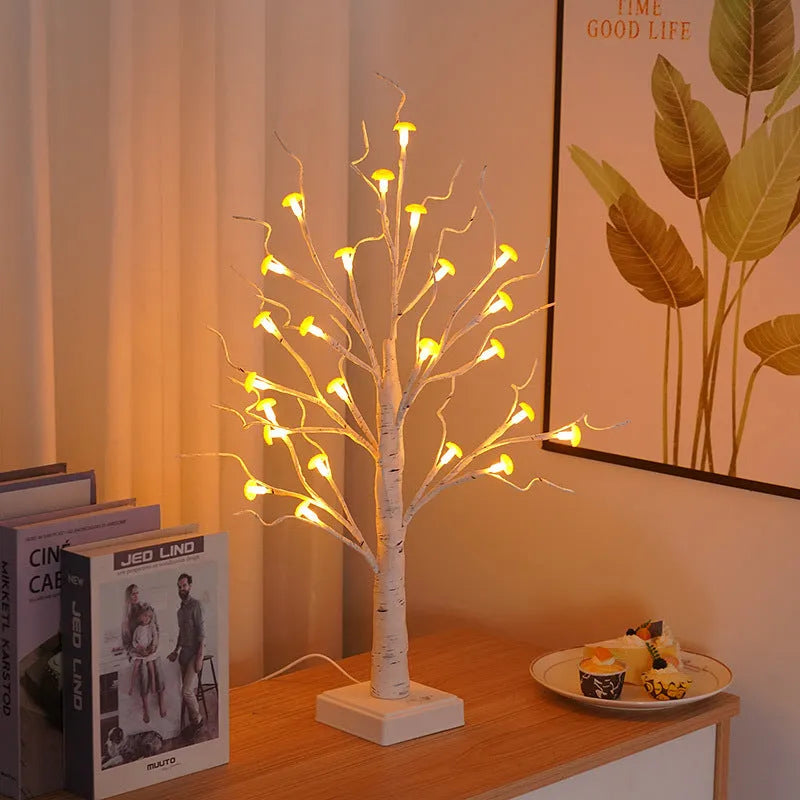 60cm tall white mushroom tree LED lamp with detachable flowers on a birch-style base.