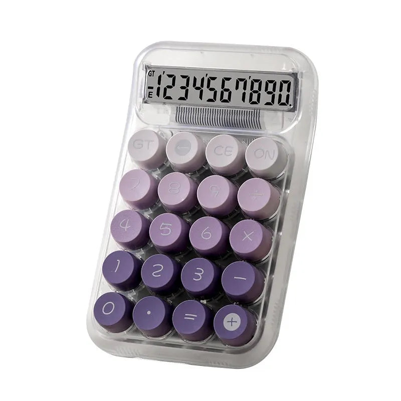 Keyboard-style gradient colour calculator in mute blue, green, pink, or purple on a desk.