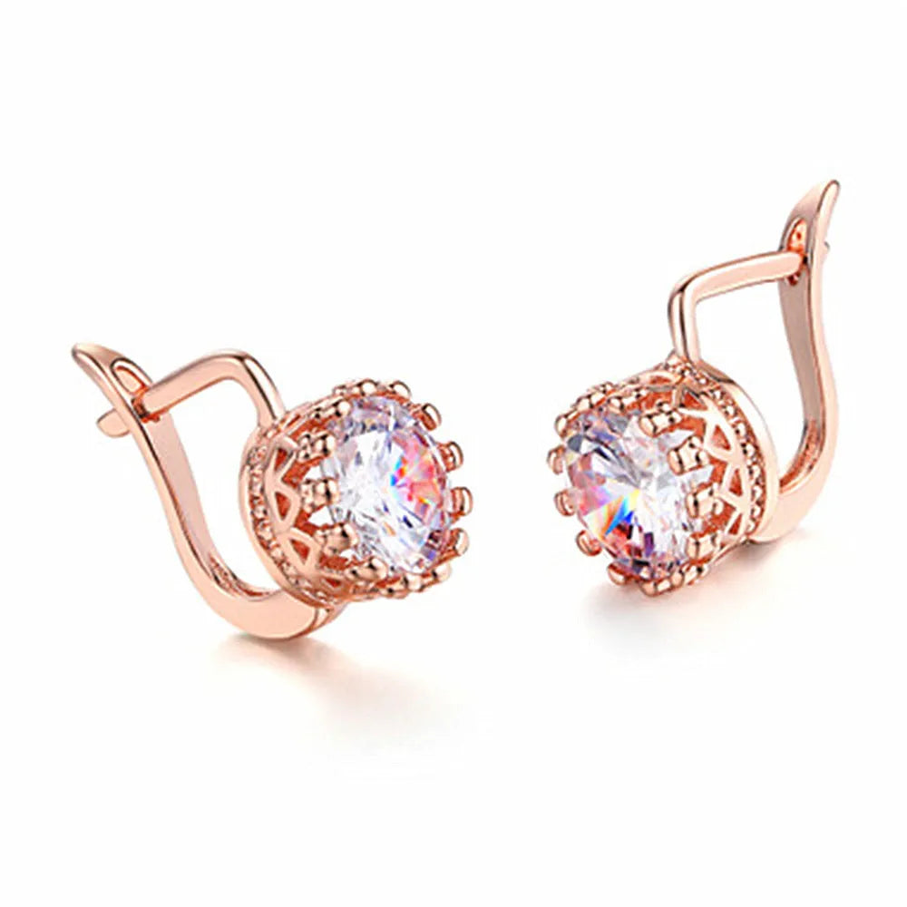 Korean retro style crown-shaped ear clips with rhinestones in rose gold and white gold colour options.