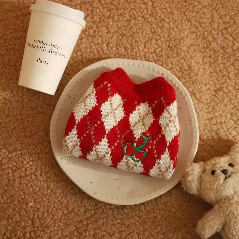 Red cat sweater with rhombic cherry embroidery, showing front view of autumn winter pet clothing