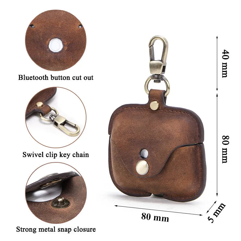 Brown leather clamshell case cover for Apple AirPods Pro with a vintage crazy horse pattern texture.