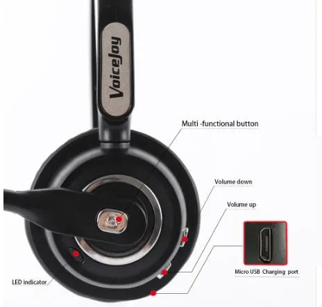 Bluetooth headset with microphone for truck drivers featuring noise-cancelling technology and USB charging cable