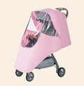 Universal waterproof baby stroller rain cover in grey attached to a pram, showing the nonslip handle.