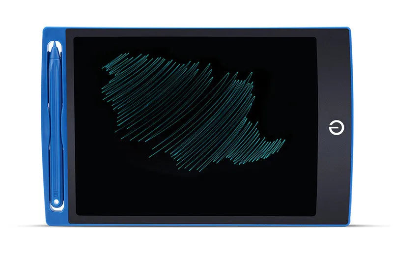 LCD drawing tablet with blue-green bold font display, ABS frame, erase button, and stylus