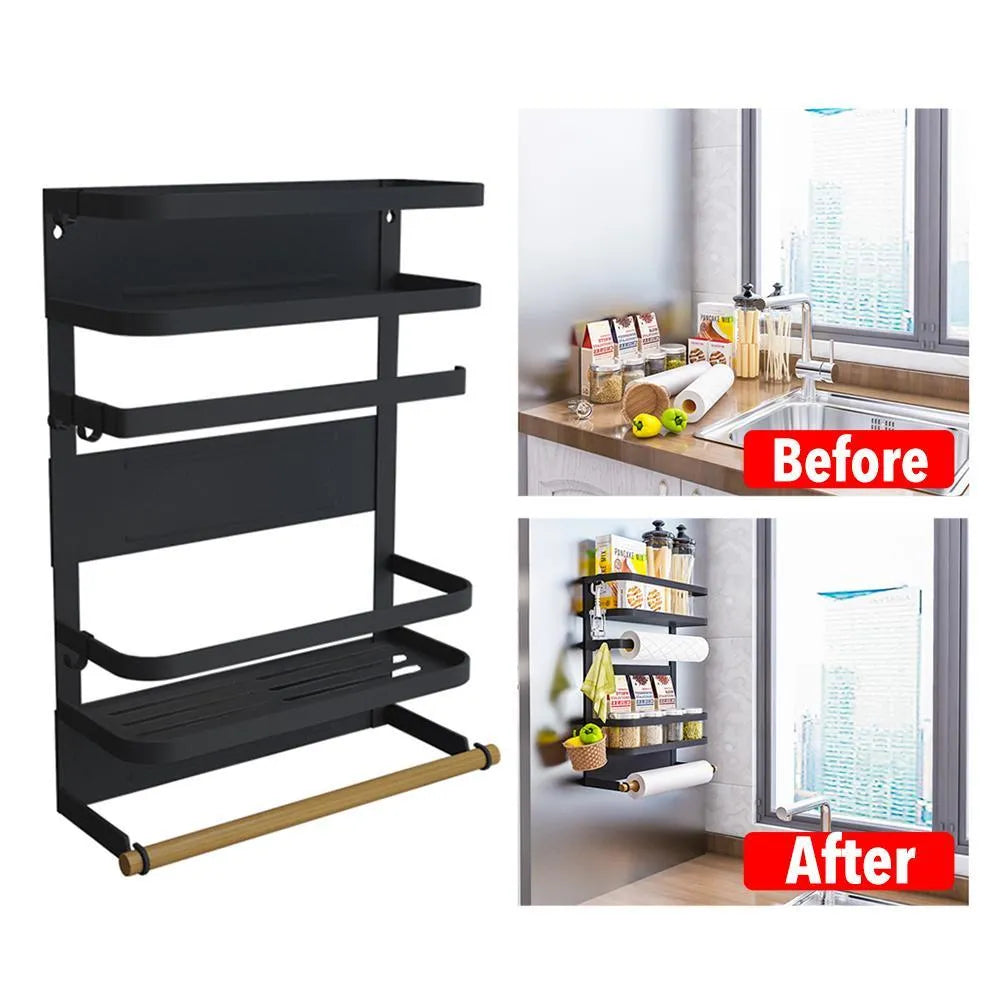 Magnetic refrigerator shelf in black attached to fridge side with vertical slatted design