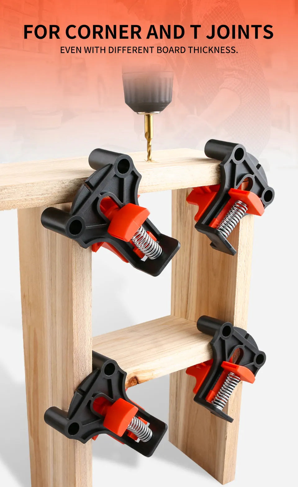 Four plastic 90-degree right-angle woodworking clamps for picture frame assembly.