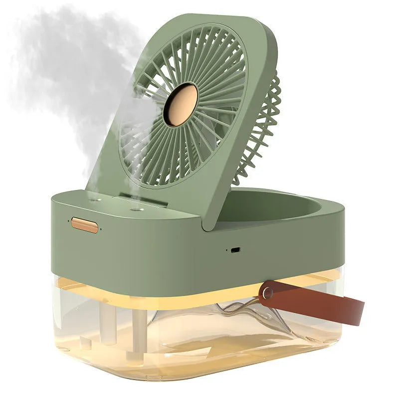 USB desktop humidifier spray fan with remote control in pearl white or forest green, showing 2.5L water tank and dual spray nozzles