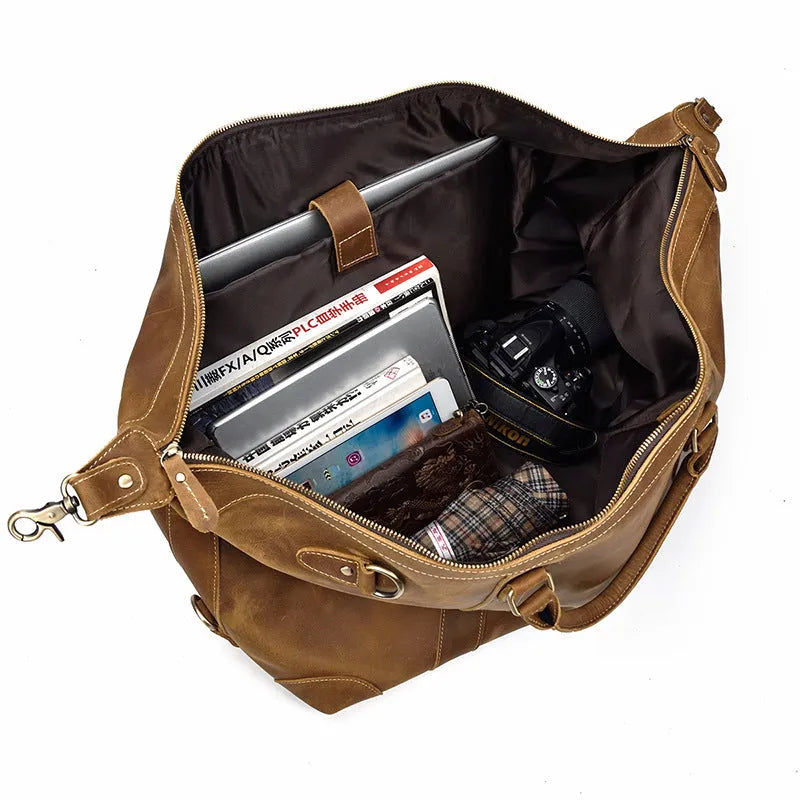 Crazy horse leather large capacity luggage bag in dark brown, 45cm length, with first layer cowhide construction