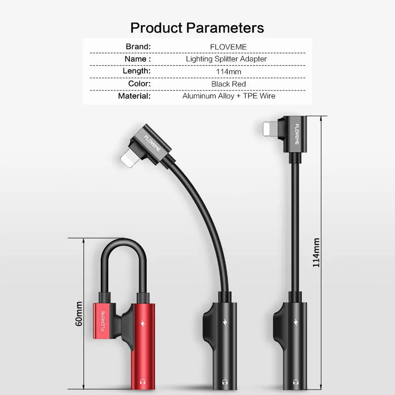 Black Lightning to 3.5mm audio adapter with charging port for iPhone headphones and power