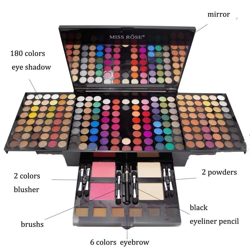 Piano-shaped makeup palette showing 180 colour eyeshadows, blushes, and powders in organised layout