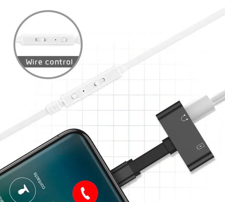 Black 2-in-1 Lightning adapter for iPhone charging and headphone use