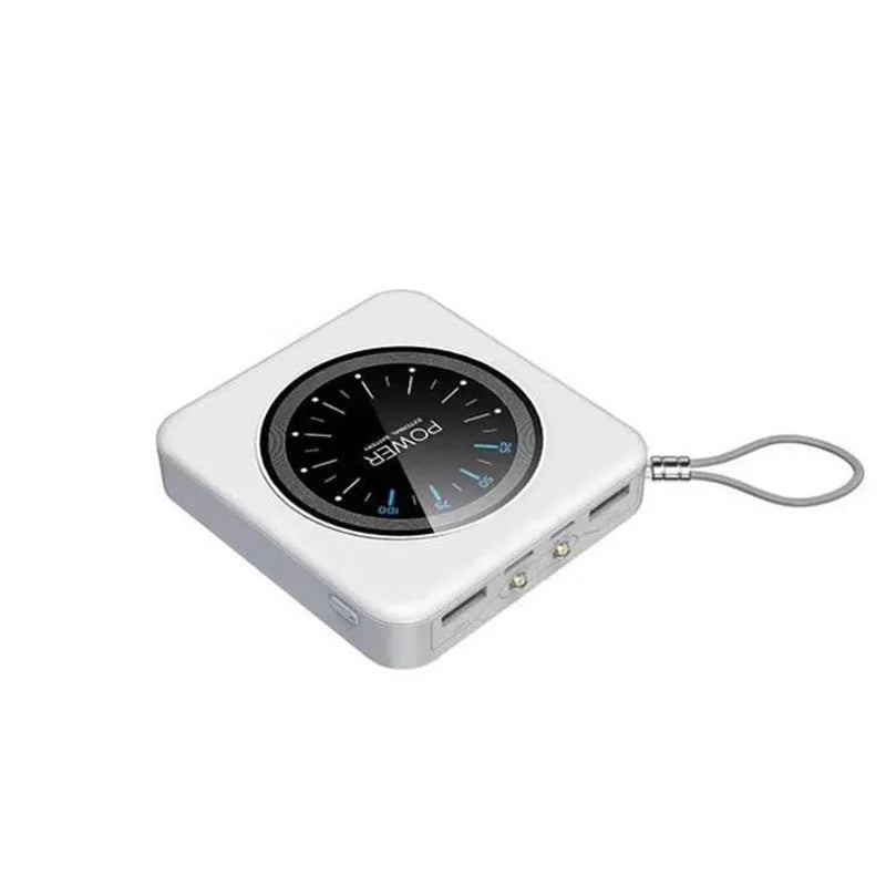 Compact alloy-cased mini power bank in mint green, showing multi USB ports and dimensions 77x82x25mm.