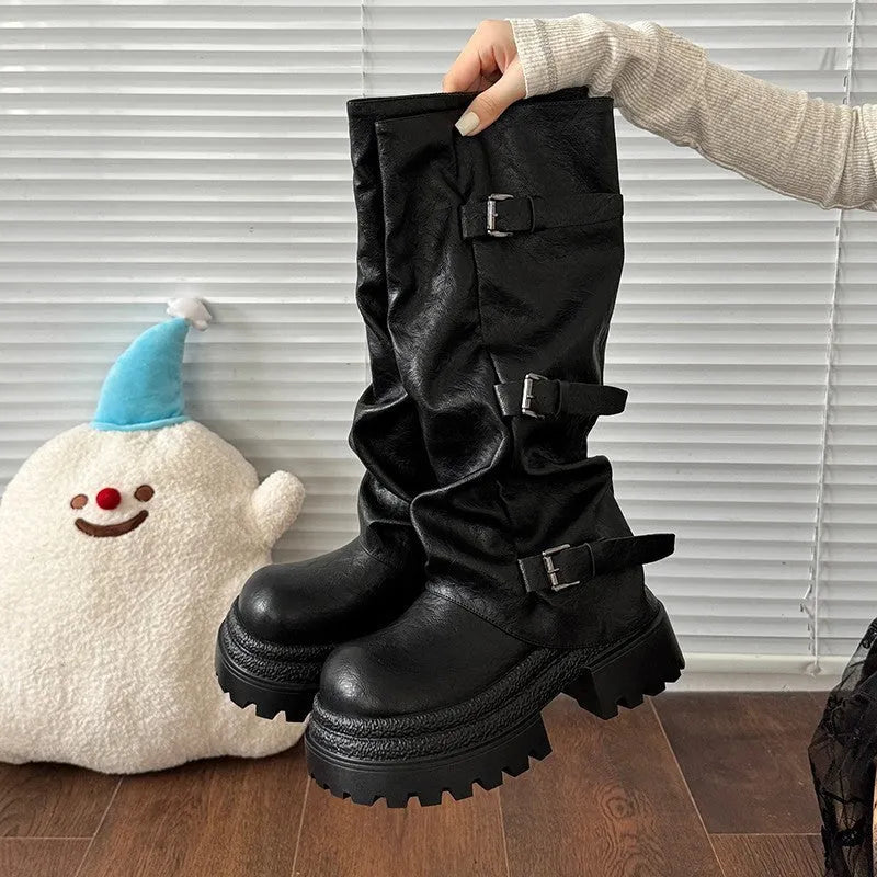 Women's thick bottom knight boots in solid khaki synthetic leather with chunky sole and high-top shaft