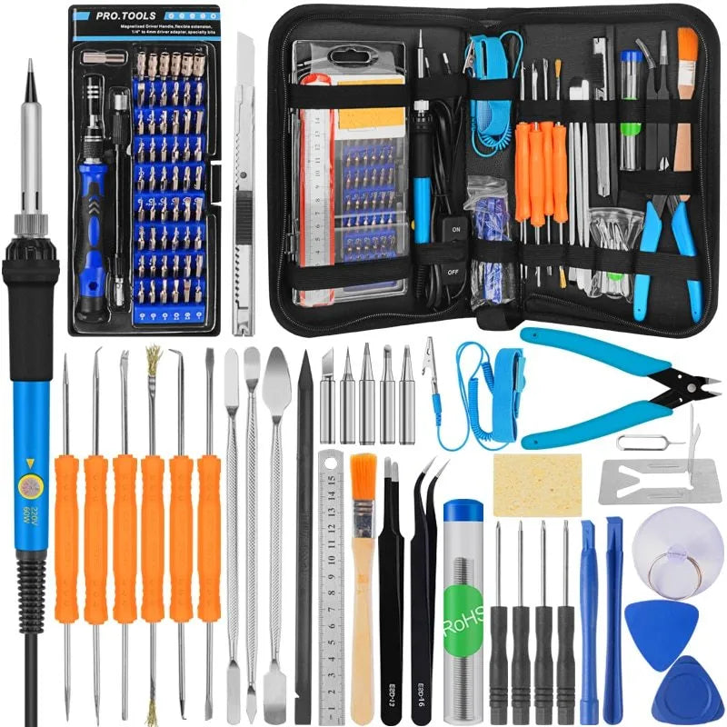 Handskit electronics repair toolkit showing soldering iron, screwdriver set, tweezers, and tools in a black carry bag.