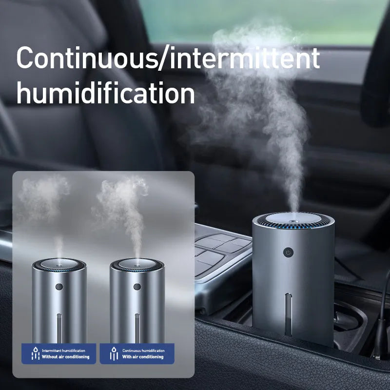 Black aluminium alloy car diffuser humidifier with USB cable, emitting a cool mist for air purification.