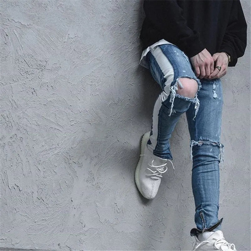 Men's ripped jeans black blue cotton slim fit distressed denim streetwear trousers