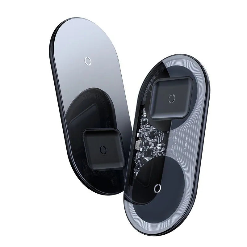 Two-in-one fast wireless charging pad with breathing light, aluminium and glass build, black colour, shown on desk