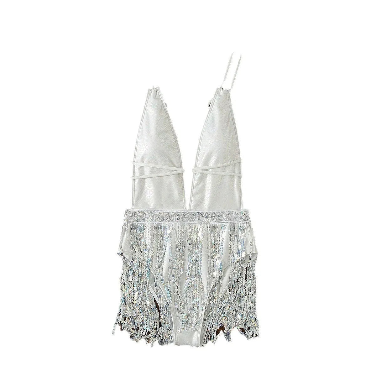 White one-piece swimsuit with deep V neckline and tassel detail on model