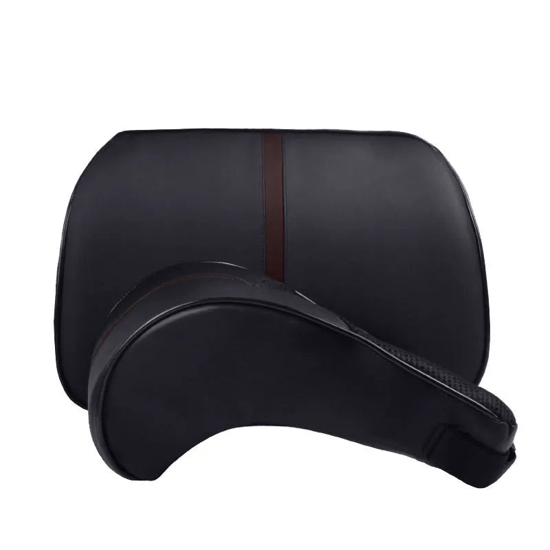Memory foam car cushion headrest with leather exterior and cotton filler shown in coffee colour