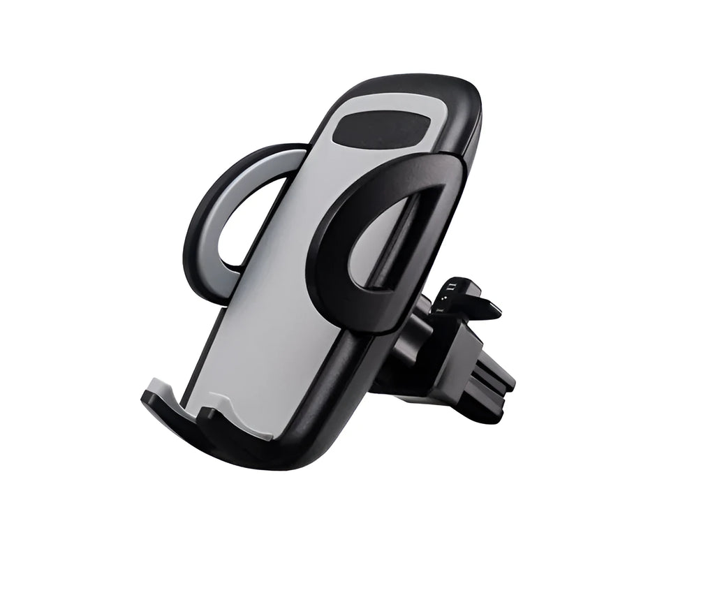 Black ABS plastic car air vent phone holder with adjustable gooseneck arm and universal phone clamp