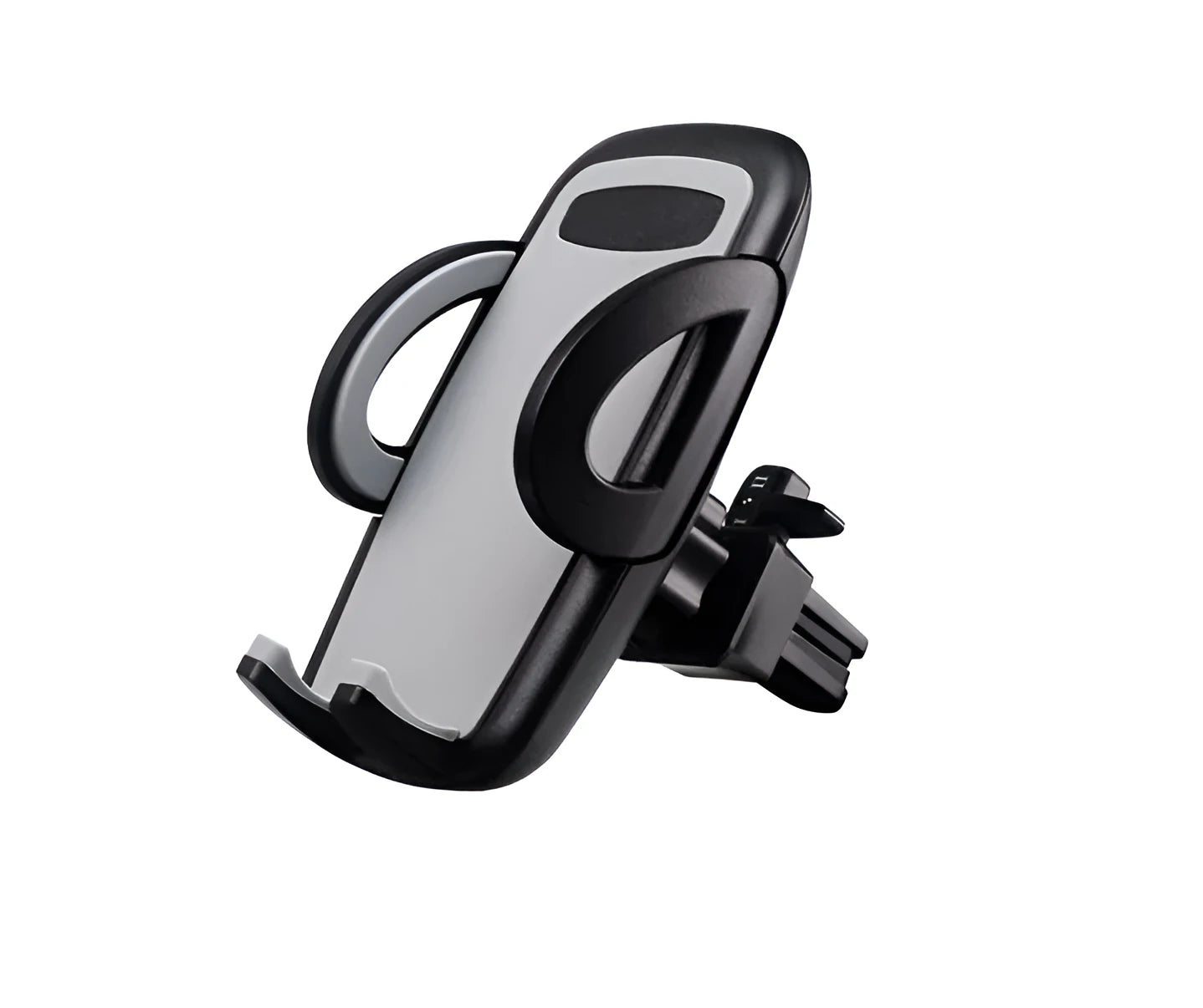 Black ABS plastic car air vent phone holder with adjustable gooseneck arm and universal phone clamp